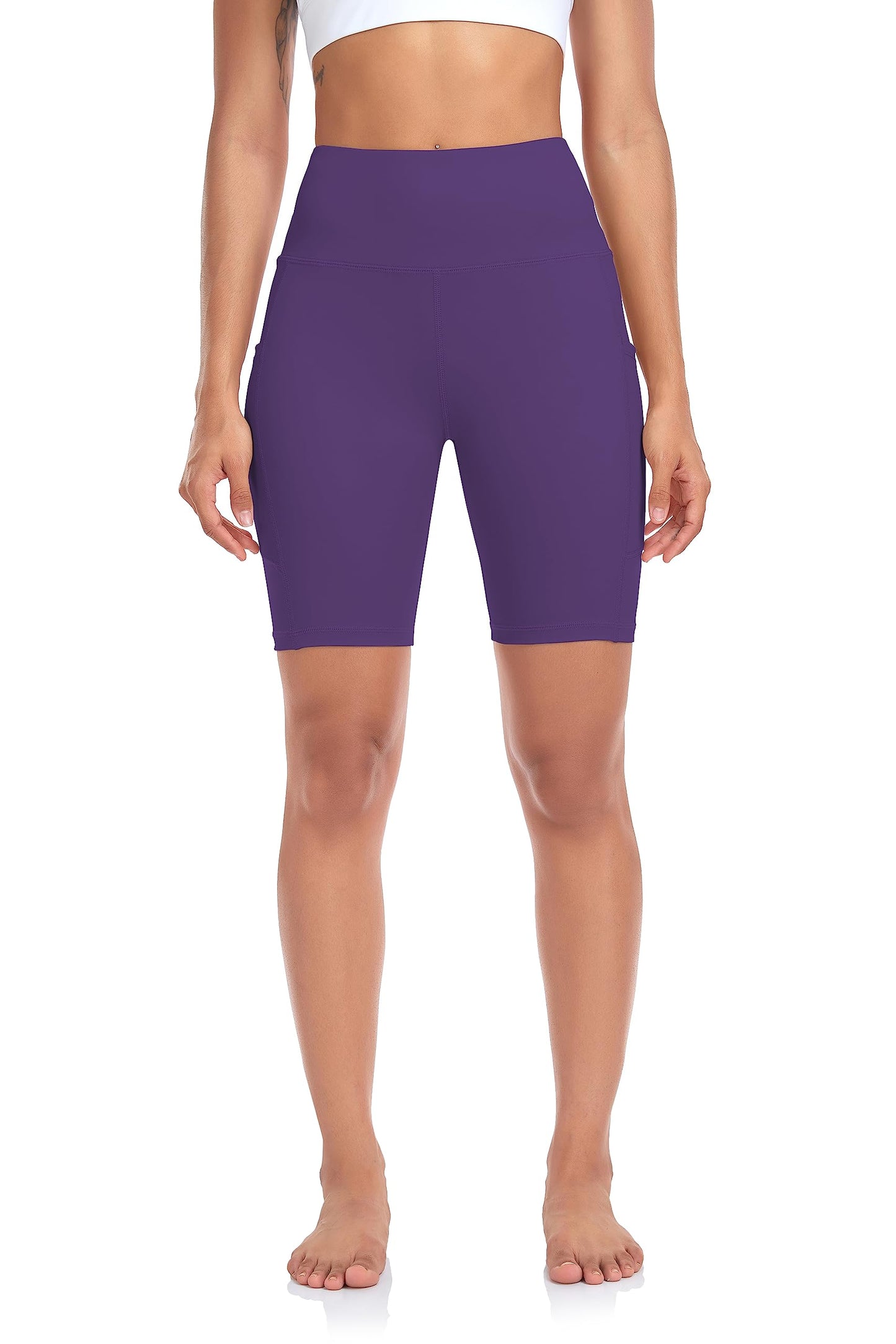 SEEMLY High Waisted Yoga Shorts for Women Tummy Control Fitness Athletic Workout Running Shorts with Deep Pockets Purple