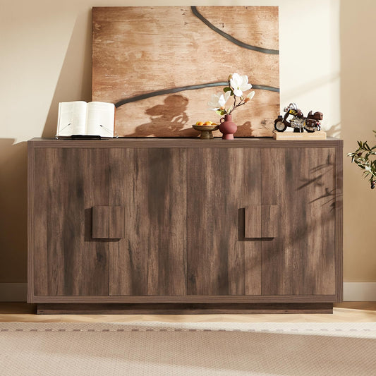 Lefurture 63 Inch Long Buffet Cabinet with Storage, Farmhouse Woodgrain Sideboard Modern Credenza with Doors & Shelves, Mid Century Coffee Bar Wine Bar Storage Cabinet for Living Room, Hallway