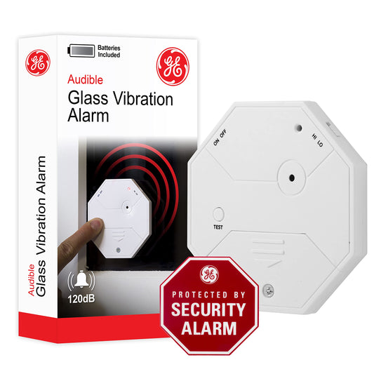 GE Personal Security Wireless Glass Vibration Alarm, Battery Operated, Detector Alarm with Security Warning Decal-DIY, Detects Glass Break & Vibration, Easy to Install, White, 36021