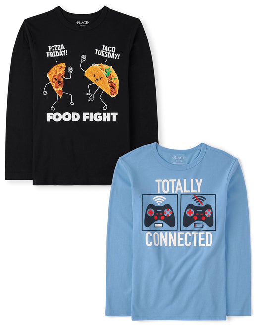 The Children's Place Boys Gamer Long Sleeve Graphic T-Shirts,Multipacks Food Fight/Connected 2-Pack Large