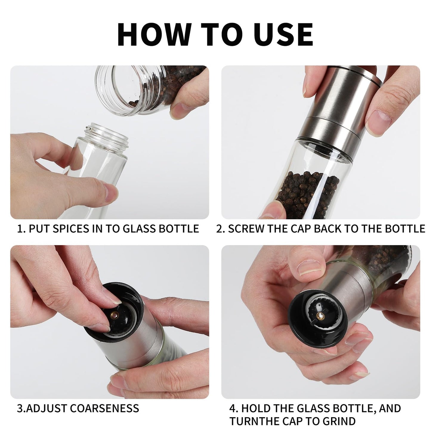 Bunchtou Original Stainless Steel Pepper Grinder or Salt Mill 1pk - Coarseness Adjustable Sea Salt Grinder or Pepper Mill Grinder - Small Manual Salt Pepper Shakers with Glass Container