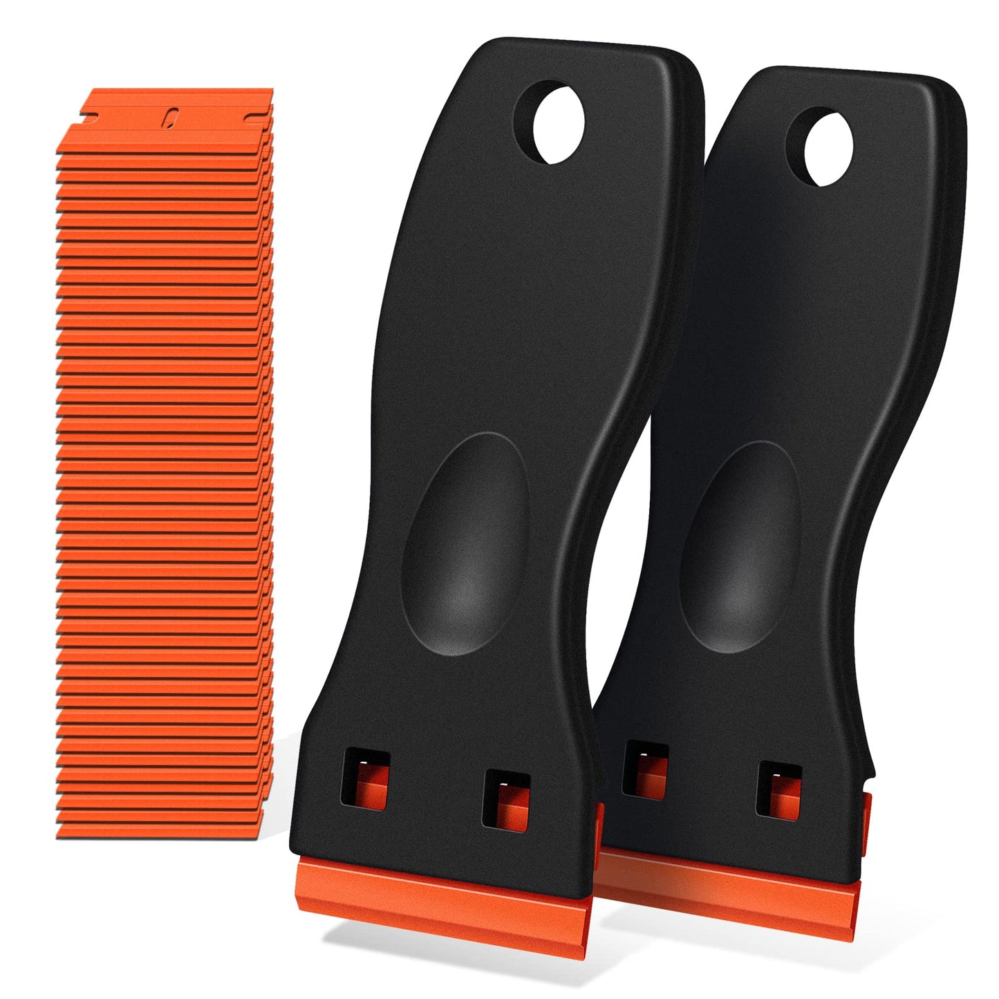 Plastic Razor Blade Scraper, 2 Pack Razor Scraper with 120 Pcs Razor Blades for Removing Glue, Sticker, Decals, Tint from Car Window and Glass(Blue)