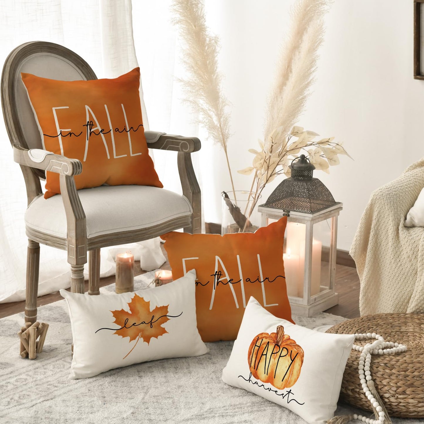 AVOIN colorlife Hello Pumpkin Fall Happy Harvest Maple Leaf Throw Pillow Covers, 20 x 20 Inch Pillows Autumn Seasonal Cushion Case for Sofa Couch Set of 4