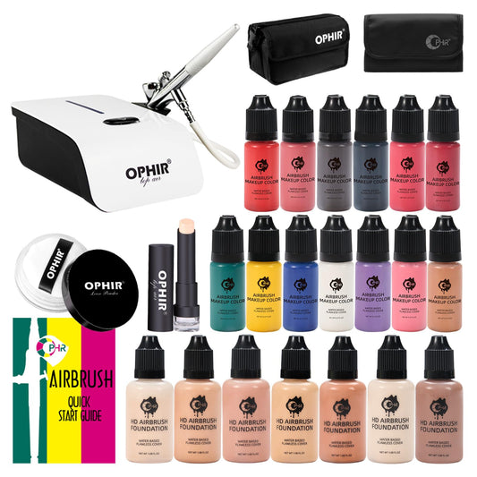 OPHIR Airbrush Makeup, Air Brush Kit with Air Compressor, 7x30ml Airbrush Foundation, 13x10ml Airbrush Blush Eyeshadow, Concealer & Loose Powder for Movie Stage Wedding Party Spray Makeup Airbrush