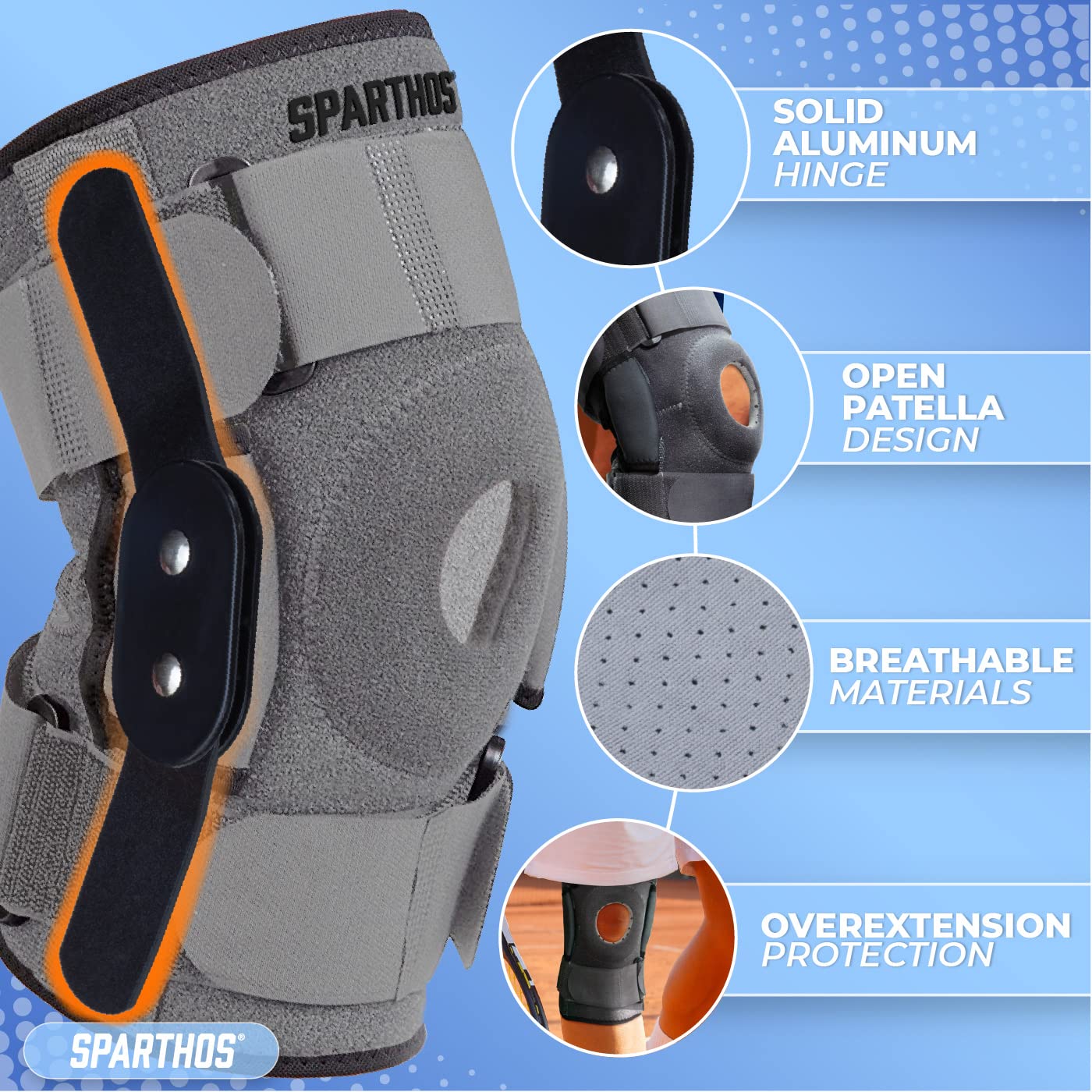 Sparthos Knee Brace - Relieves ACL, MCL, Meniscus Tear, Arthritis, Tendons Pain - Open Patella Design with Dual Hinges - Patellar Compression Support, Plus Size Fit - For Men and Women - XXX-Large