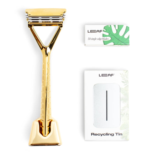 Leaf Shave | The Leaf Razor Set, Gold - Includes 1x Leaf Razor, 1x Matching Stand, 1x 50-Pack of Single-Edge Blade Refills, and 1x Blade Bank