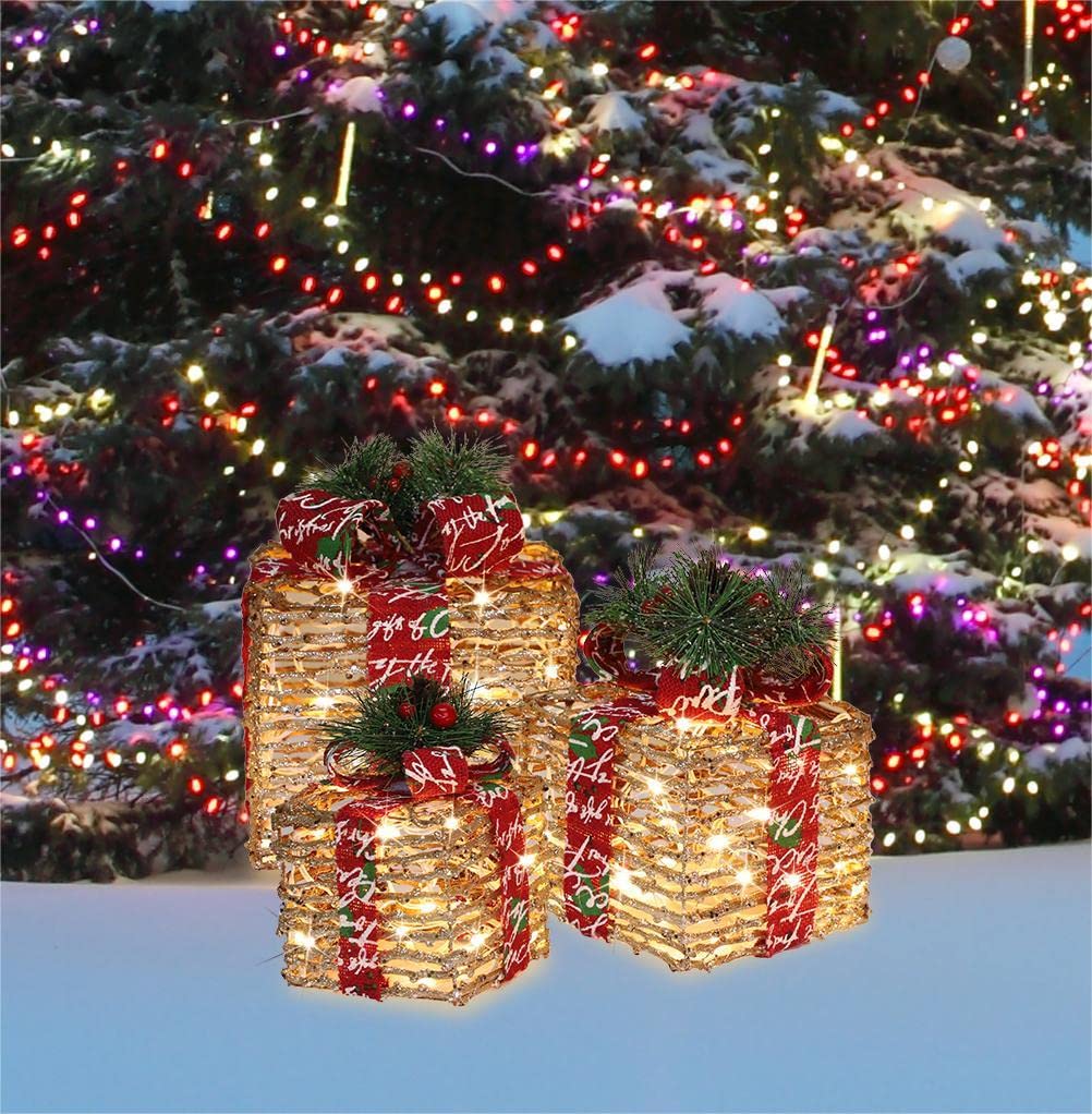 JUSTPRO [Large 10x8.5x7 Inches] 3 Piece Lighted Gift Boxes Christmas Decorations 10"+8.5"+7" 70LED Rattan Three Gifts, Warm Light, 6+1 Flash, 5V