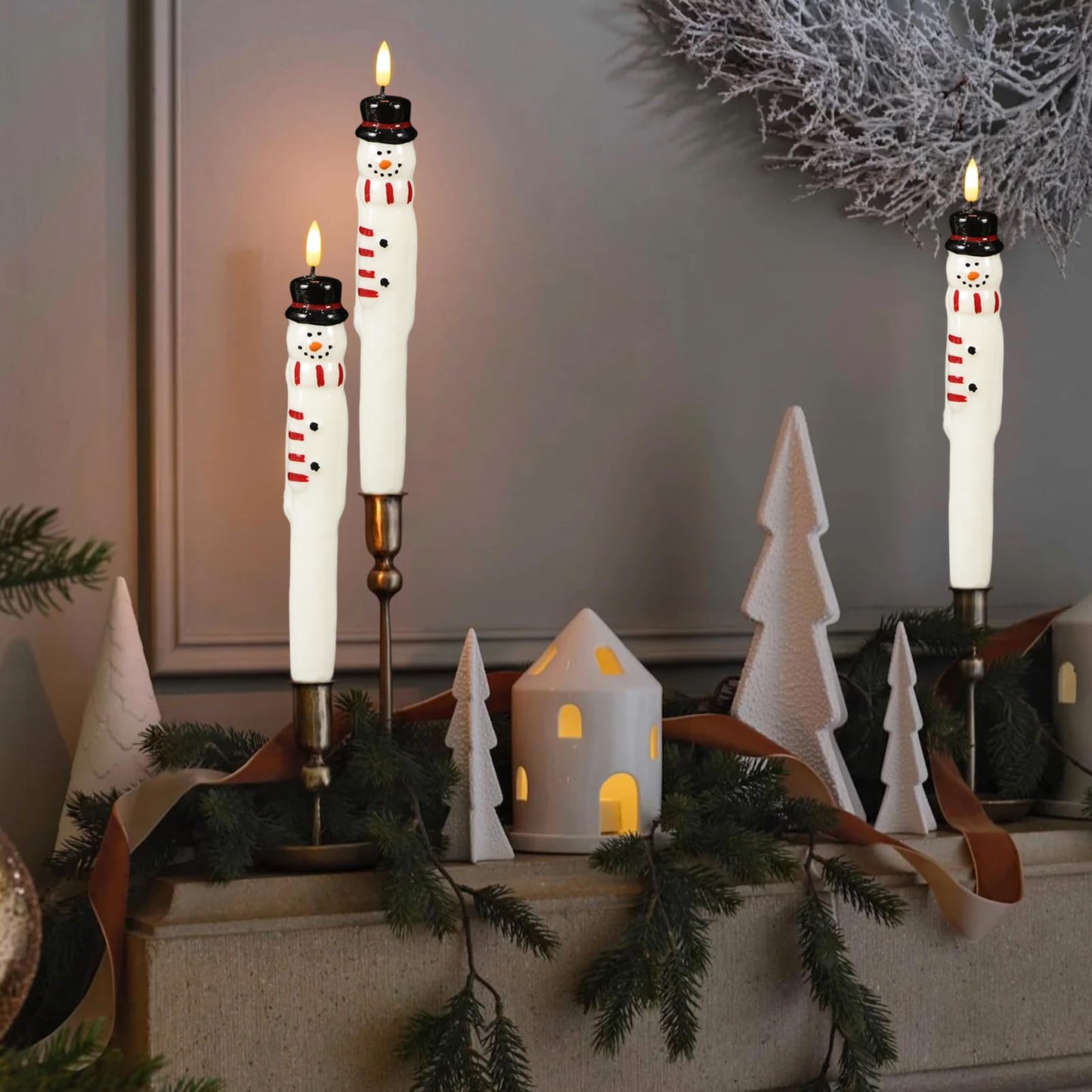 GenSwin Christmas Taper Candles with Remote Timer, 2 Pcs Snowman LED Taper Candles with 3D Flame, Battery Operated Taper Candlesticks for Christmas Winter Home Decorations(0.79” x 11.4”)