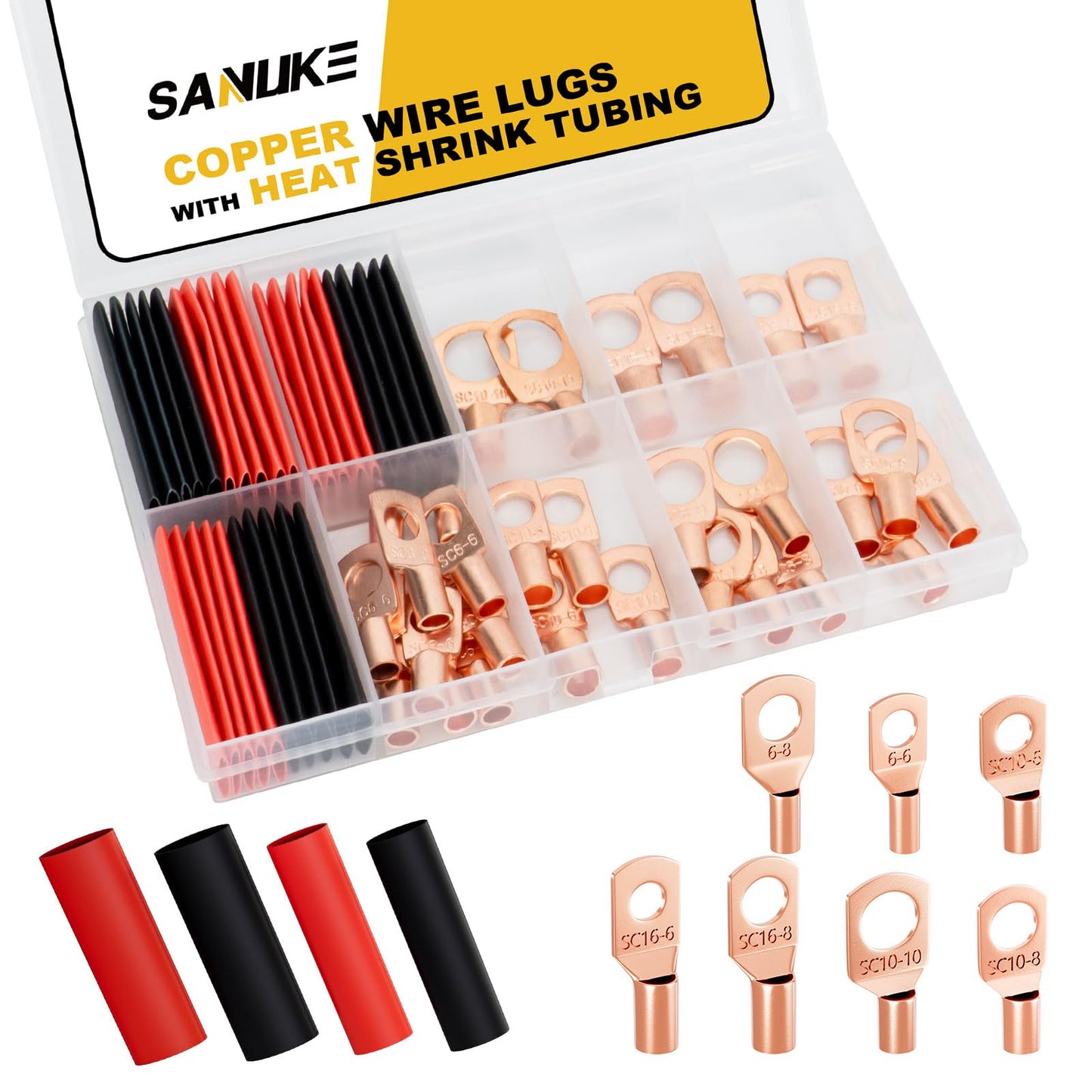 Sanuke 120Pcs AWG 8 6 4 2 Copper Wire Lugs with Heat Shrink Set, 60Pcs Heavy Duty Battery Cable Closed End Tubular Ring Terminals Connectors with 60Pcs Heat Shrink Tubing