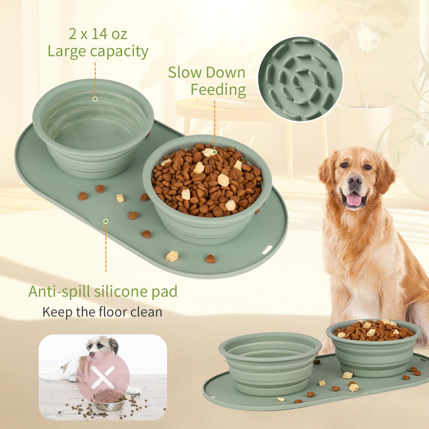 Puppy Dog Bowl,Travel Bowls Dog Food Bowls&Dog Water Bowls,No Spills,Collapsible Double Bowl,Suitable for Small and Medium Sized Dogs(Green)