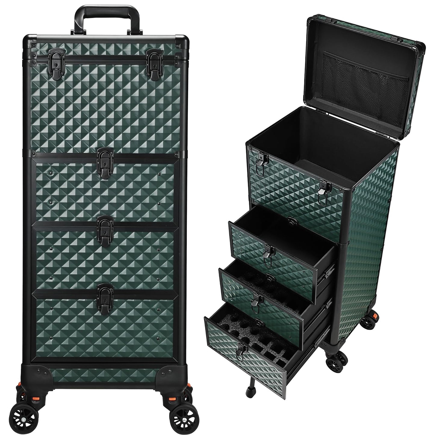Yueieoun Salon Cart with 3 Drawers, Professional Trolley Cart for Beauty Salon, Rolling Train Case Makeup Organizer Case for Nail Tech (Dark Green)