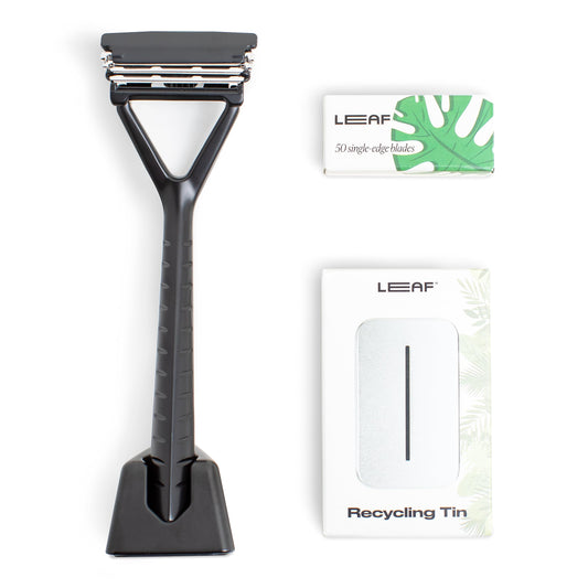 Leaf Shave | The Leaf Razor Set, Black - Includes 1x Leaf Razor, 1x Matching Stand, 1x 50-Pack of Single-Edge Blade Refills, and 1x Blade Bank