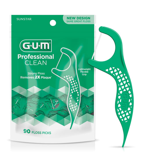GUM Professional Clean Floss Picks - Extra Strong Shred-Resistant Floss, Easy Grip Handle - Dental Flossers for Adults - Fresh Mint Flavor, 90 Count (Pack of 3)