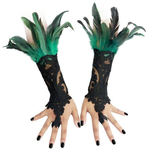 CAMDOM Steampunk Lace Gloves for women Vintage Feather Cuff Lace Long Elbow Fingerless Gloves for Cosplay Party Costume