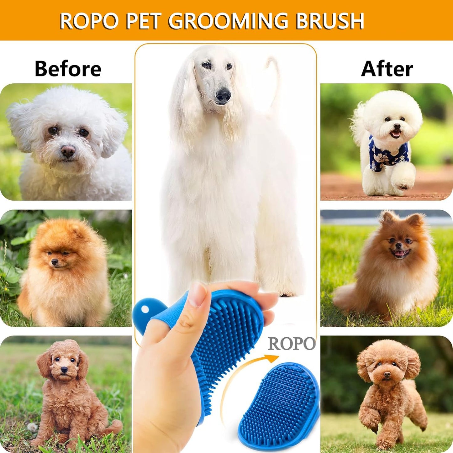 ROPO Dog Grooming Brush, Pet Shampoo Bath Brush Soothing Massage Rubber Comb with Adjustable Ring Handle for Long Short Haired Dogs and Cats 2pcs
