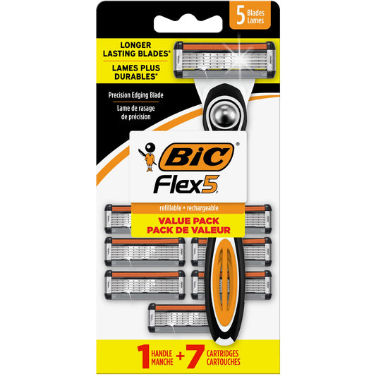 BIC Flex 5 Refillable Razors for Men, Long-Lasting 5 Blade Razors for a Smooth and Comfortable Shave, 1 Handle and 12 Cartridges, 13 Piece Shaving Kit