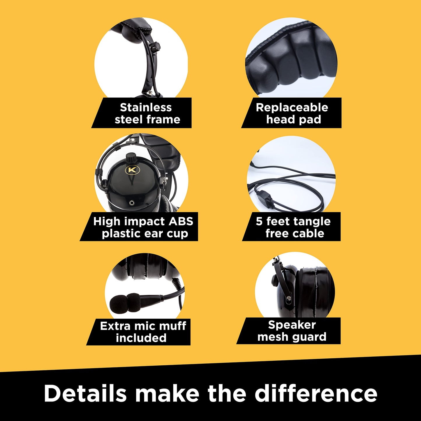 KA-1 General Aviation Headset for Pilots - Mono and Stereo Compatibility, Passive Noise Reduction, Noise Canceling Microphone, Gel Ear Seals, Adjustable Headband & Headset Bag