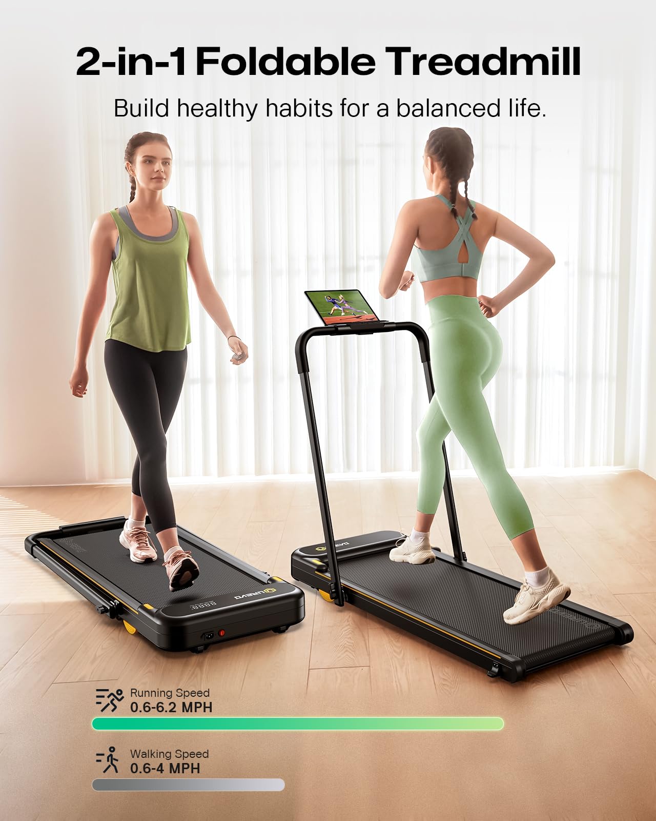 UREVO Smart 2-in-1 Folding Treadmill, Compact Walking Pad with Safety Handle, Plug and Play, Dual LED Display, Workout APP, Walking or Running for Home Office, Remote Included