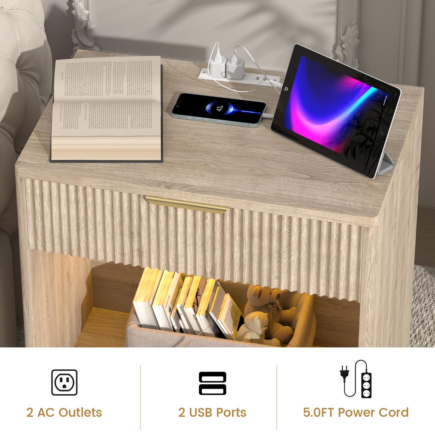 EROMMY Fluted Nightstand with Charging Station, 23” Wide Modern Bedside Table with Drawer, Mid Century Nightstand End Table for Bedroom, Curved Profile, Natural Oak