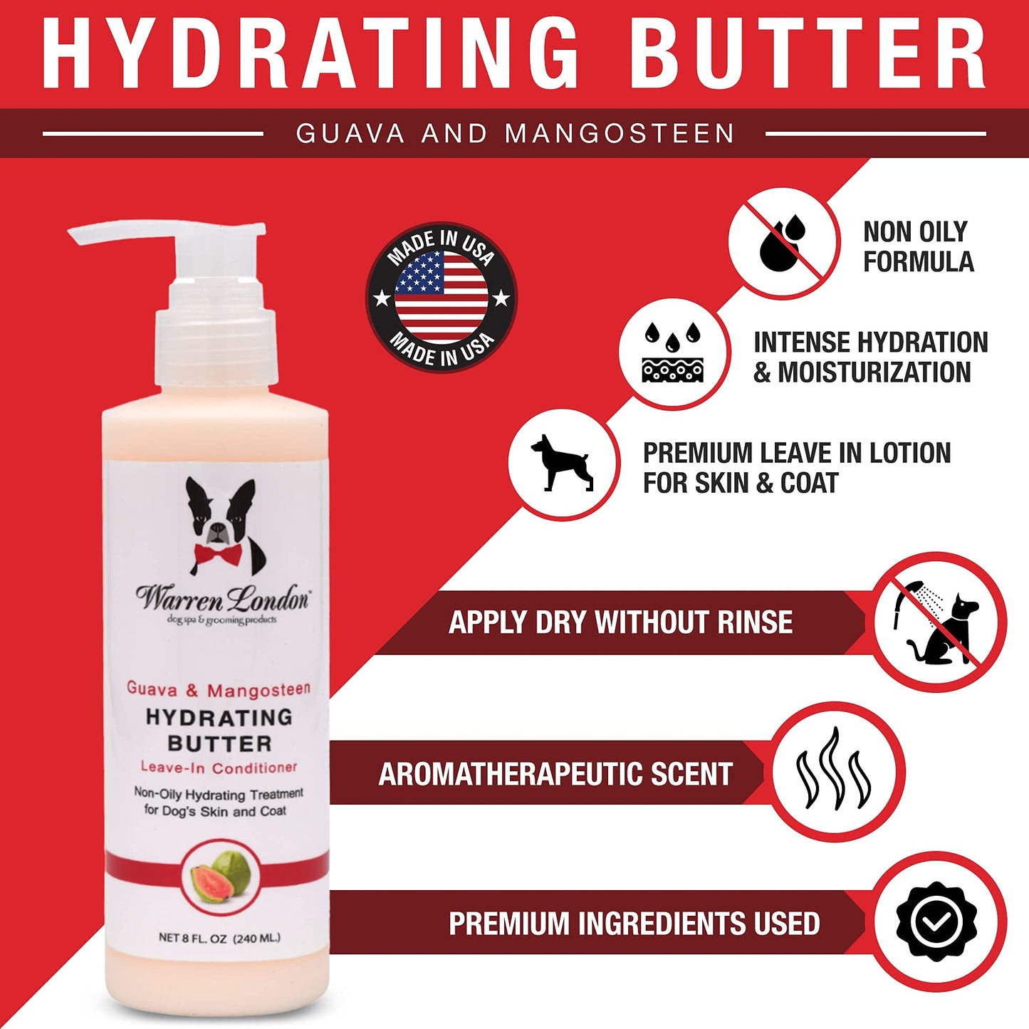 Warren London Hydrating Butter Leave in Pet Conditioner for Dogs | Lotion for Skin and Coat | Aloe Puppy & Dog Conditioner for Hair Detangler, Dry Skin, & Pet Fur Dandruff | Made in USA | Guava 8oz