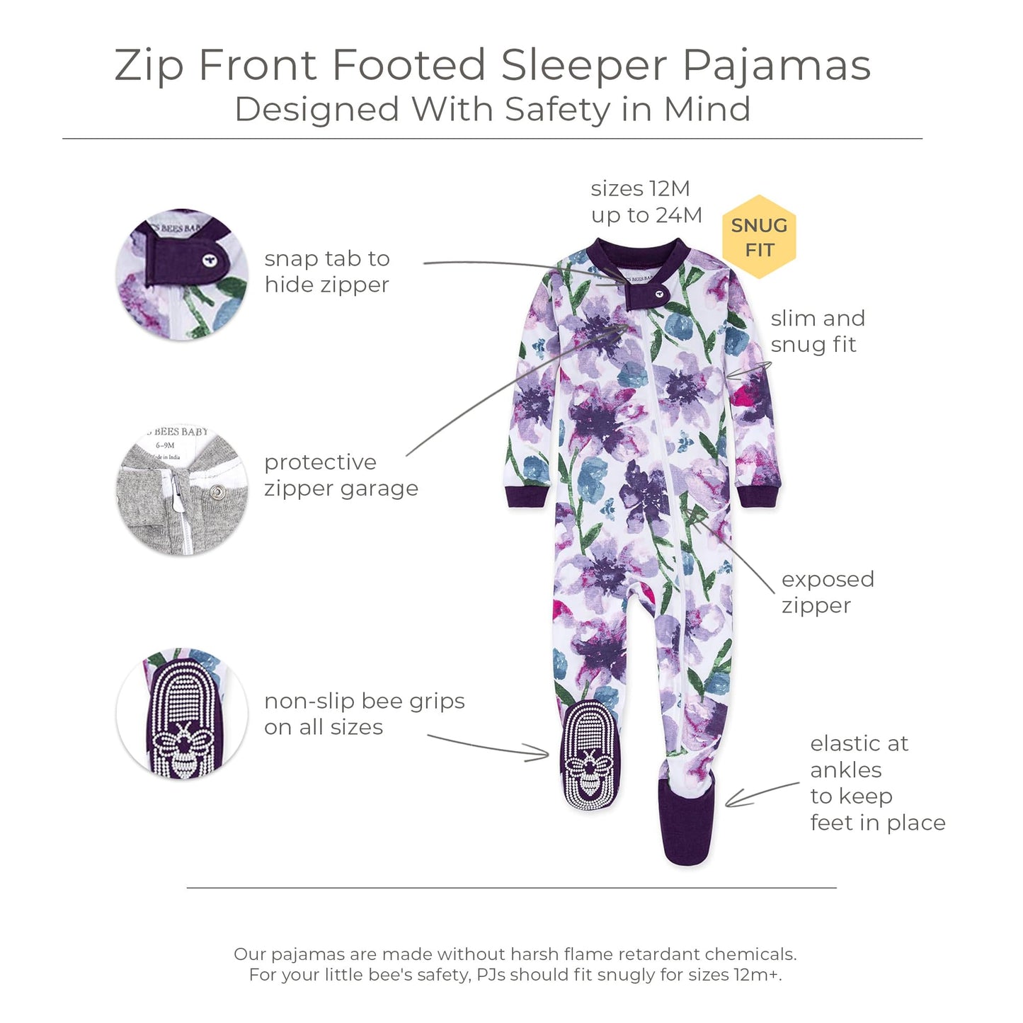 Burt's Bees Baby baby girls Pajamas, Zip Front Non-slip Footed Pjs, 100% Organic Cotton and Toddler Sleepers, Purple Watercolor Daylily, 18 Months US