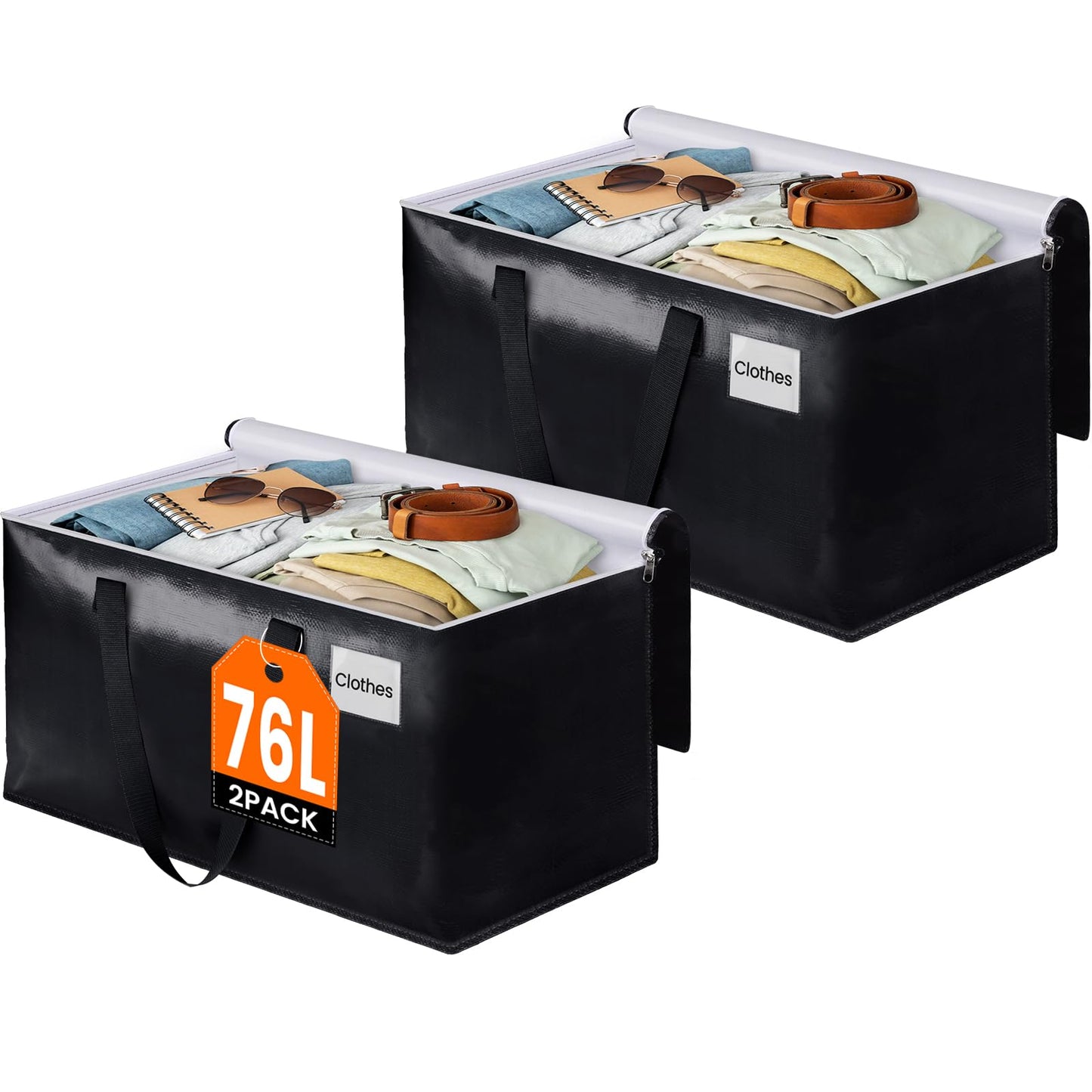 BlissTotes Moving Bags, Heavy Duty Moving Boxes with Zippers Top and Sturdy Handles, Storage Bags for Space Saving and Packing, Collapsible Moving Supplies, Storage Totes (76L, 2-Pack, Black)