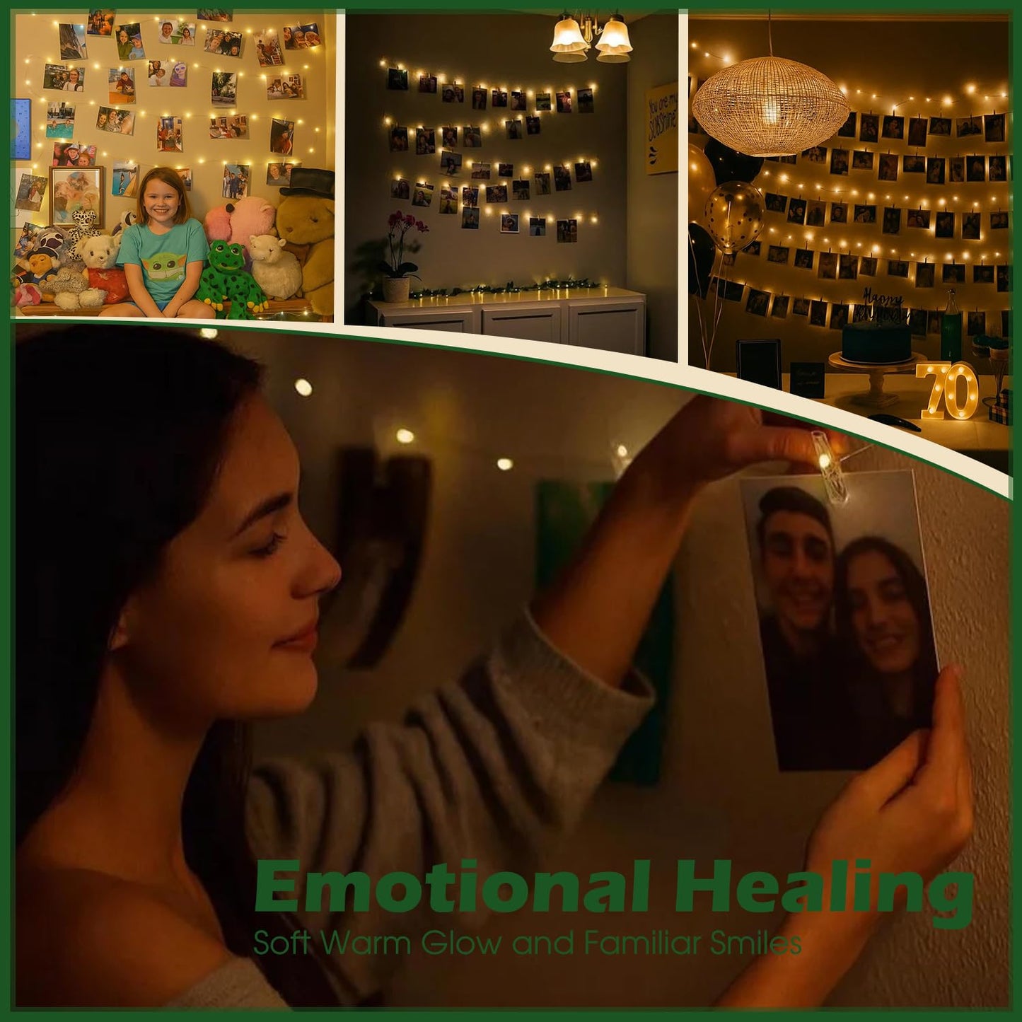 Photo String Lights with Clips for Hanging: 33Ft 100LED & Timer Fairy Light with 50 Clear Clip for Picture Display - Indoor Bedroom Room Dorm Wall Decor - Christmas Party Wedding Romantic Lighting