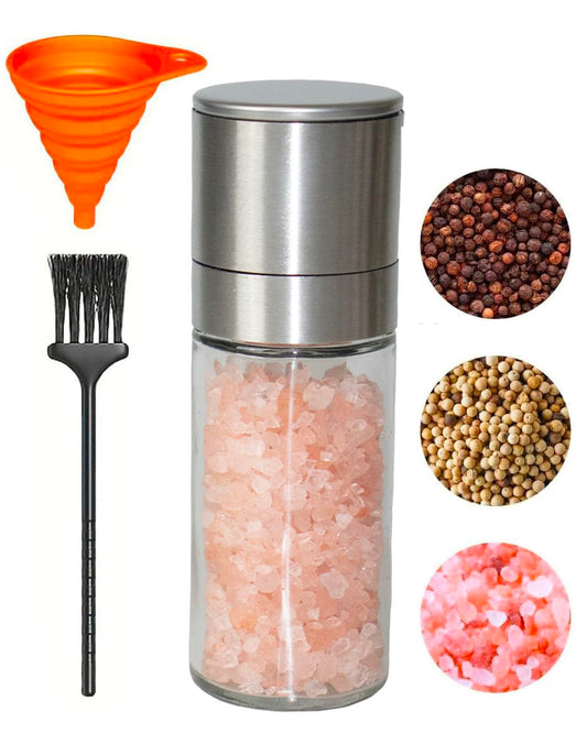 TooWoom Pepper Grinder Salt Grinder, 5 inch Stainless Steel Pepper Mill w/Adjustable Coarseness, Refillable Salt with Funnel, Cleaning Brush, Manual Pepper Grinder for Black Peppercorns