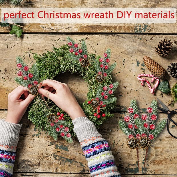 Red Berry Stems Floral Pine Cones Branches 10PCS Christmas Artificial Evergreen Pine Branches Holiday Floral Picks Holly Stem Craft for Decoration DIY Christmas Xmas Garland Wreath Decoration