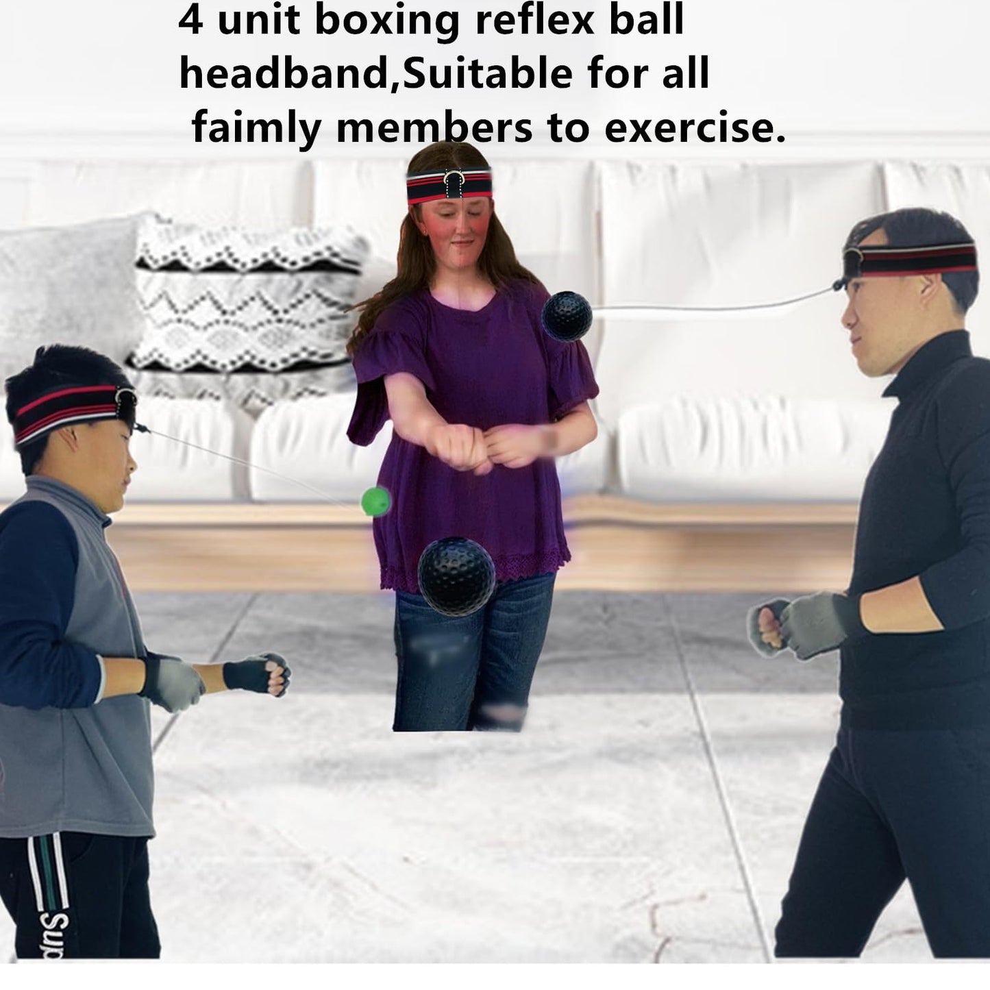 KANGHUANG Boxing Reflex Ball Headband Set for MMA Boxing Kickboxing Training Reaction Punching Balls Kit Includes 4 PU Balls+4 Elastic Headbands+4 Spare Lines+4 Gloves for All People