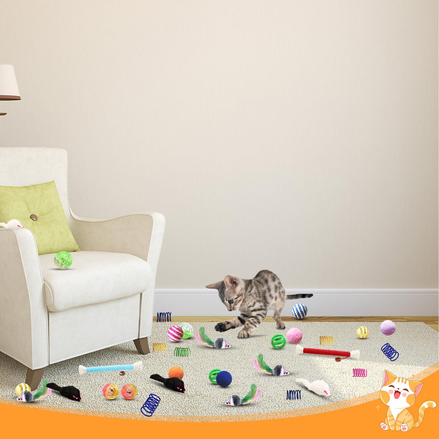 YULOYI Cat Toys for Indoor Cats - 34 Packs Interactive Set with Colorful Springs, Mouse Toy, Catnip Ropes, Balls, Bells, and Sisal Ball for Kittens