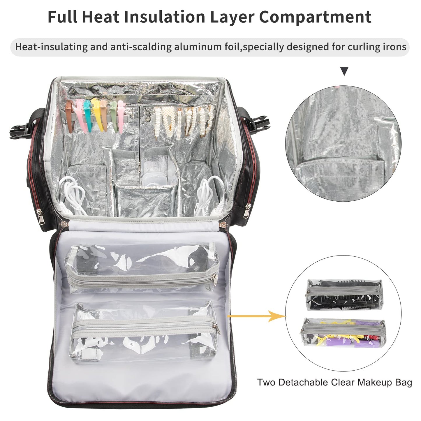 Large Makeup Train Case,Cosmetic Makeup Case for Hairstylist, Hairdresser Bag with Detachable Pouch,Heat Insulation and Anti-scalding Full layer for Hairdressing Tool Organizer Trolley with wheels