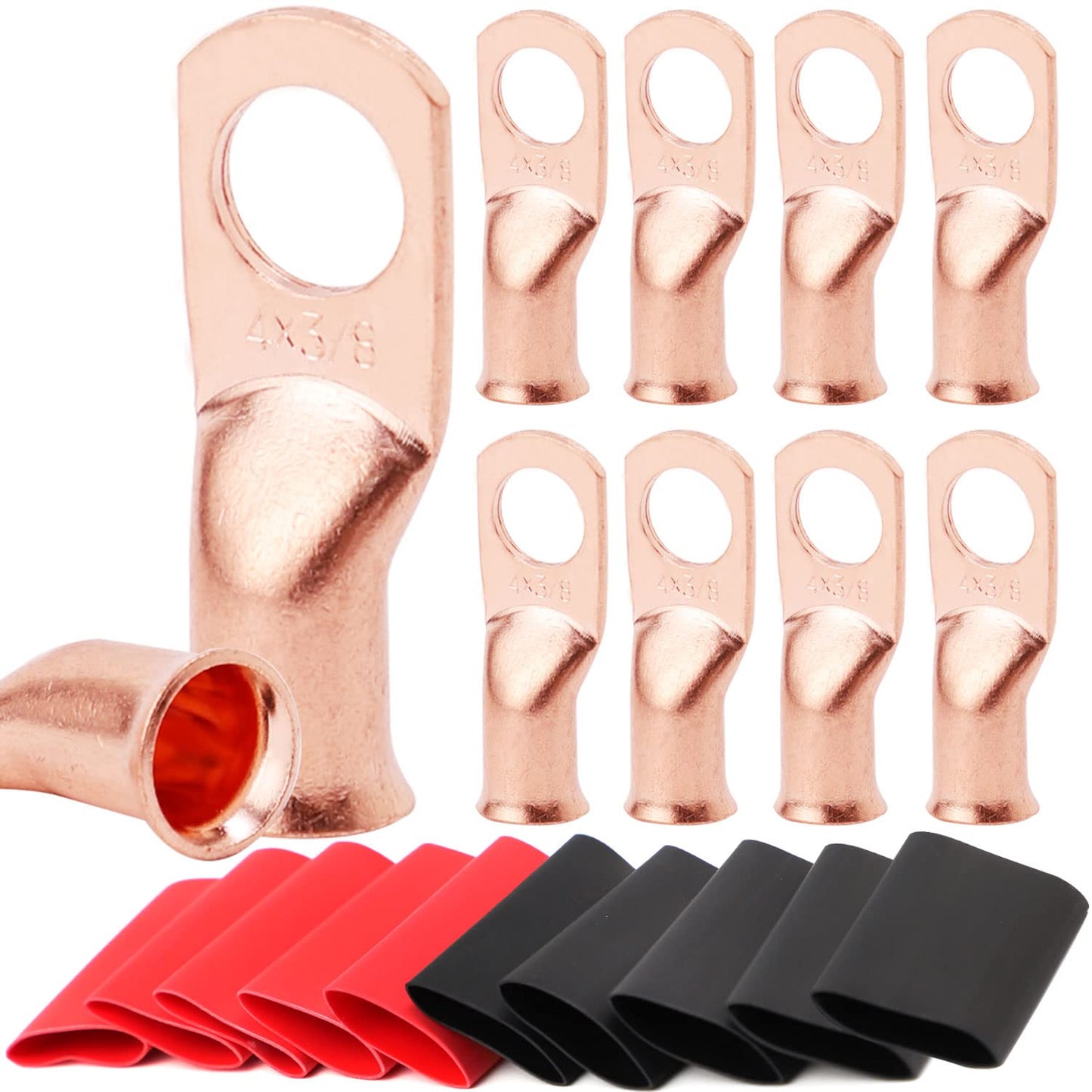 TKDMR 10pcs 1/0 AWG-3/8 Battery Lugs,Heavy Duty Wire Lugs,Ring Terminals,Battery Cable Ends,0 Guage terminals,Battery Terminal Connectors with 10pcs 3:1 Heat Shrink Tubing