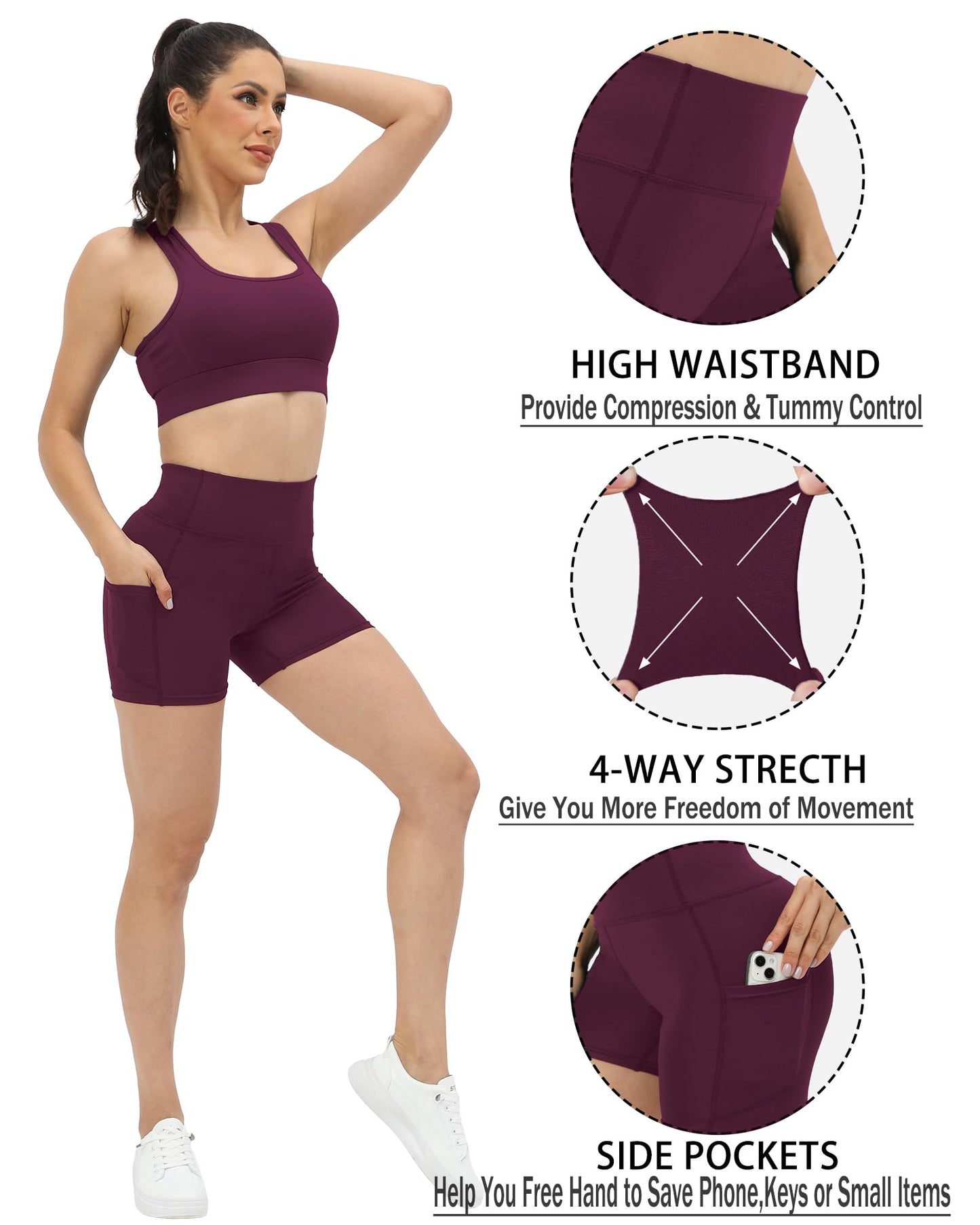 JCFSYXGS Workout Yoga Biker Shorts for Women with Pockets,Soft High Waisted Tummy Control Running Gym Shorts Wine Red