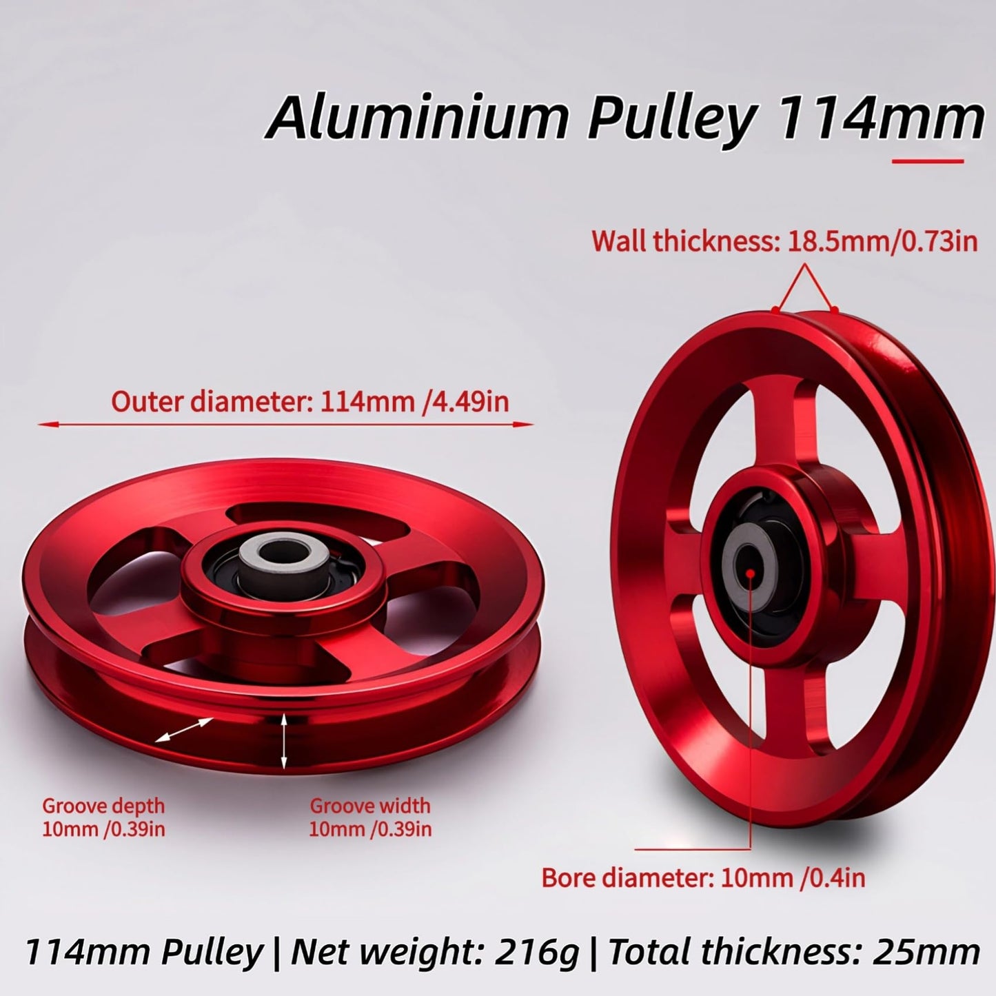 Gueiddi Aluminum GYM Pulley Wheel, Universal Aluminum Alloy Bearing Pulley Wheel for Cable Machine Gym Equipment Part Garage Door (Red 114-115mm)