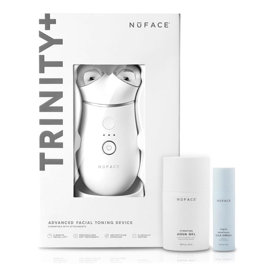 NuFACE TRINITY+ Microcurrent Facial Device Kit - FDA Cleared Face Sculpting & Neck Tightening Device to Contour Cheeks & Brows + Microcurrent Gel Activator & Silk Creme