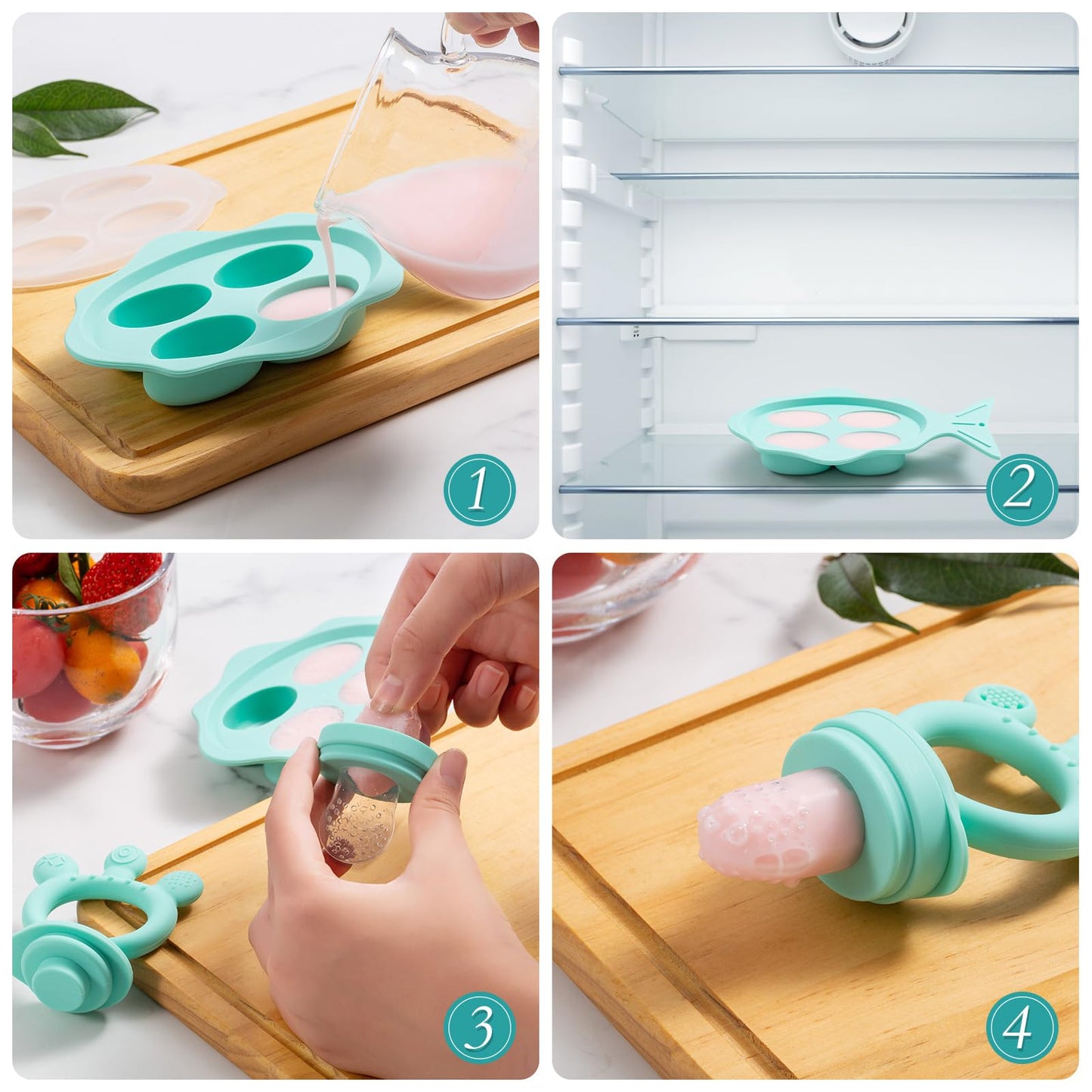 Baby Fruit Feeder, with Mini Freezer Tray, Silicone Teething Toys, Breastmilk Popsicle Molds for Baby Teething Relief, Includes 4 Mesh Pacifier