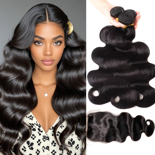 Human Hair Bundles with Closure - Body Wave Bundles with Closure Human Hair 3 Bundles with Closure 24 26 28+20, 100% Unprocessed 12A Brazilian Virgin Hair Bundles with 4x4 Lace Closure Free Part