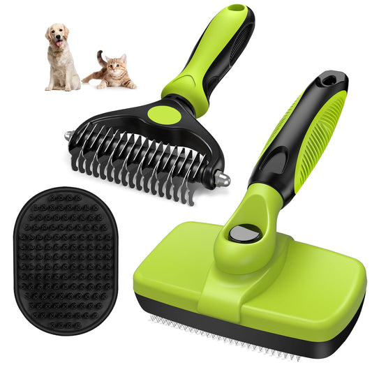 Augwind 3PCS Self Cleaning Slicker Brush & Pet Grooming Rake & Bath Brush for Dogs and Cats | Skin Friendly Deshedding Grooming Tool & Double-Sided Dematting Tool | Premium Pet Supplies (Green Black)