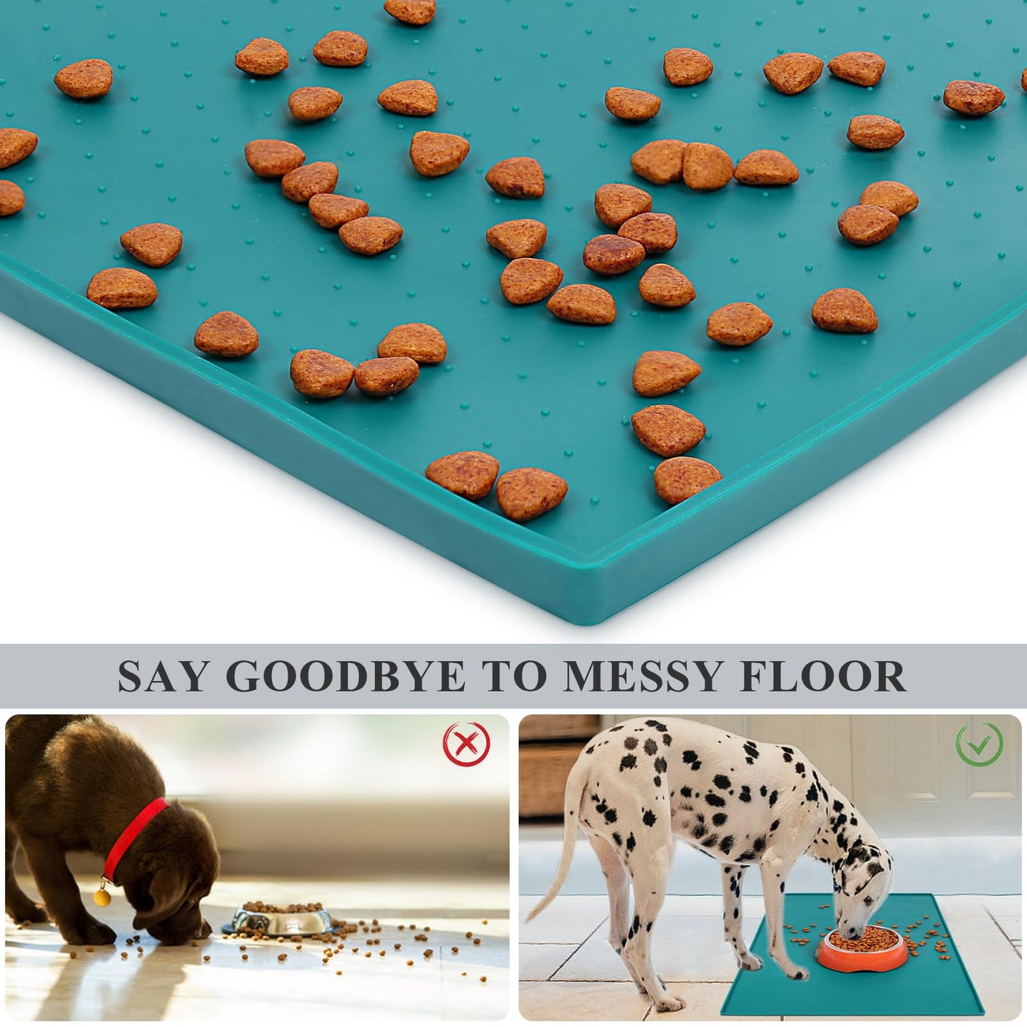 VIVAGLORY Dog Food Mat, Cat Dog Feeding Mat, Waterproof Non-Slip Food Grade Silicone Mat Placemat with Raised Edge, Anti-Messy Pet Bowl Mat for Food and Water, Deep Green, S(19"x12")