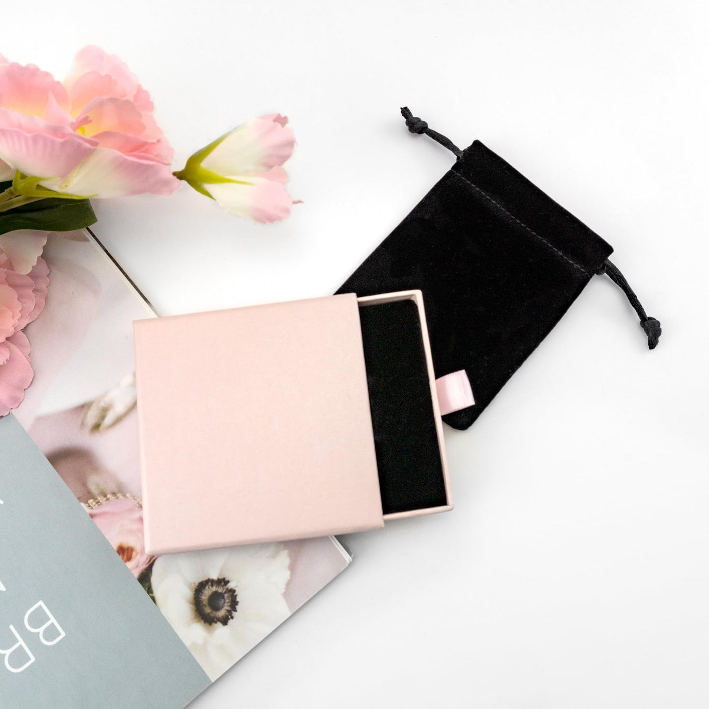 Quacc Small Jewelry Gift Box and Velvet Bag, Necklace Bracelet Earring Cardboard Organizer Square Jewellery Gift Box Pendent Storage Case for Birthday Xmas Christmas Wrapping (Pink)