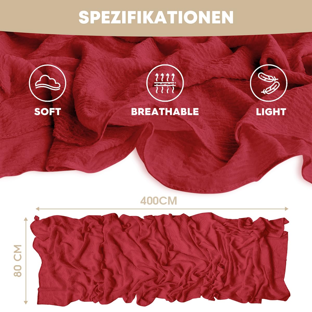 Artoid Mode Boho Cheesecloth Gauze Red Wedding Table Runner, 160 Inch Seasonal Christmas Fabric Kitchen Dining Holiday Table Decor for Home Party Indoor