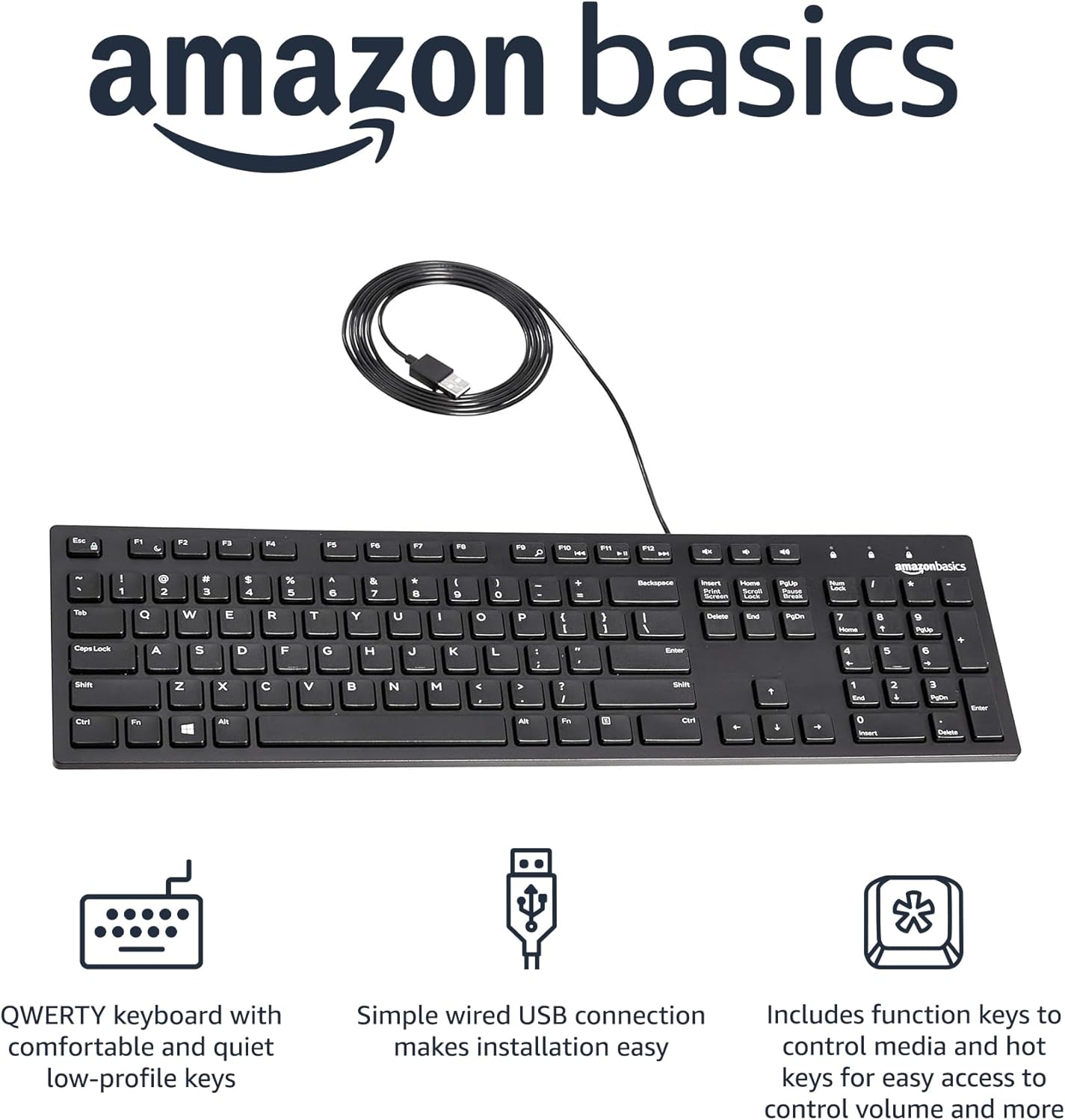 Amazon Basics Wired QWERTY Keyboard, Full-Sized, Black