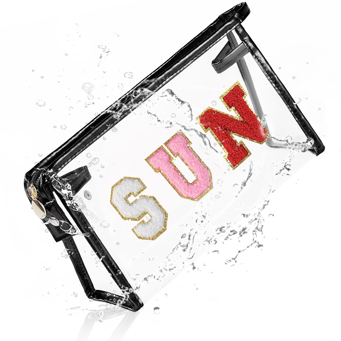 COSHAYSOO Clear Makeup Bag Sunscreen Pouch Summer Things Accessories Waterproof Beach Pool Essentials Stuff Air Cruise Travel Toiletry Gifts for Women Teenage Girls with Chenille Letter Pink SUN