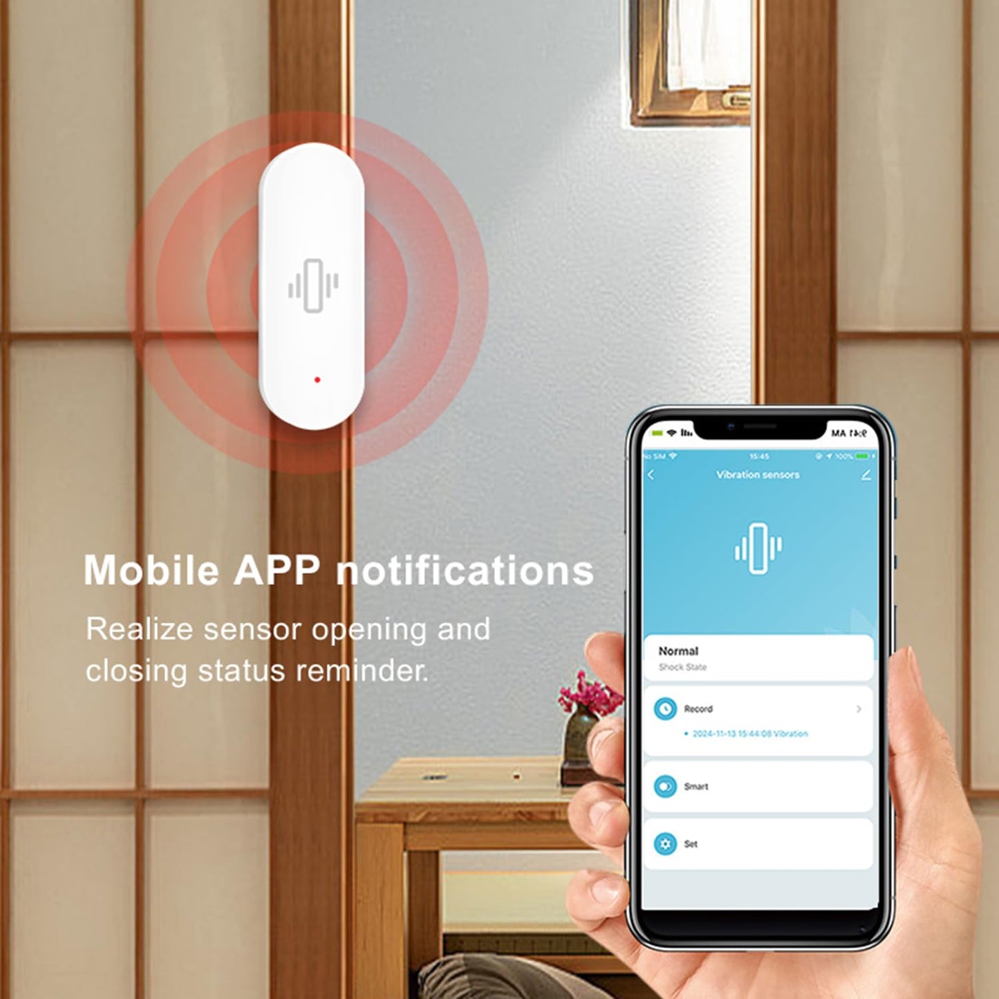 Smart Vibration Sensor: Wireless Glass Break Detector, WiFi Door Sensor with App Alerts, Adjustable Sensitivity, Glass Break Security Sensor for Alarm System and Smart Home Automation (1-Pack)