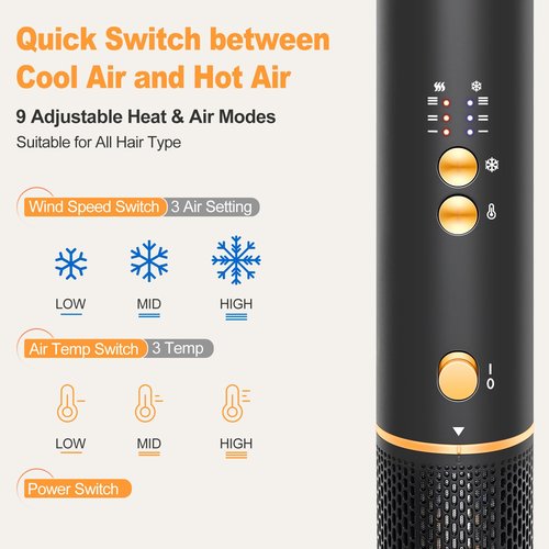 Air Styler Hair Dryer Brush - 110000 RPM Powerful Blow Dryer Brush for Professional Fast Drying, Curling, Volumizing, Multi-Styler with Auto-Wrap Curlers, Oval Brush, Round Nozzle (Black-Orange)