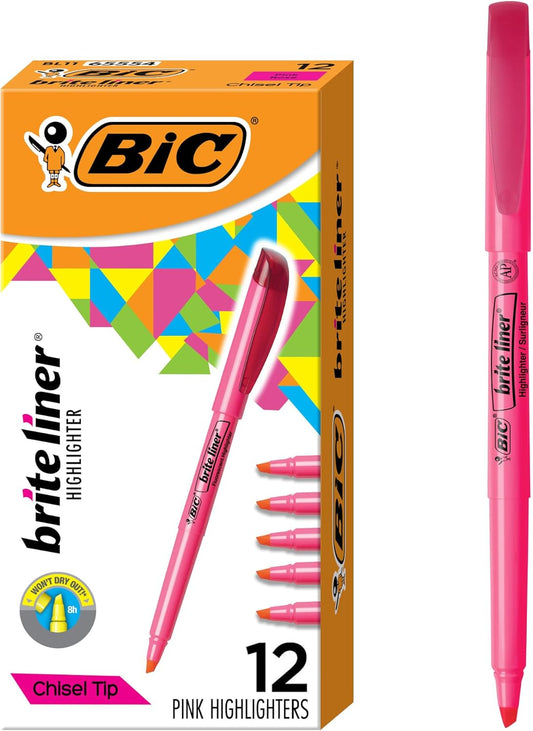 BIC Brite Liner Grip Pastel Highlighter Set, Chisel Tip, 12-Count Pack of Pastel Highlighters in Assorted Colors, Cute Highlighters for Bullet Journaling, Note Taking and More