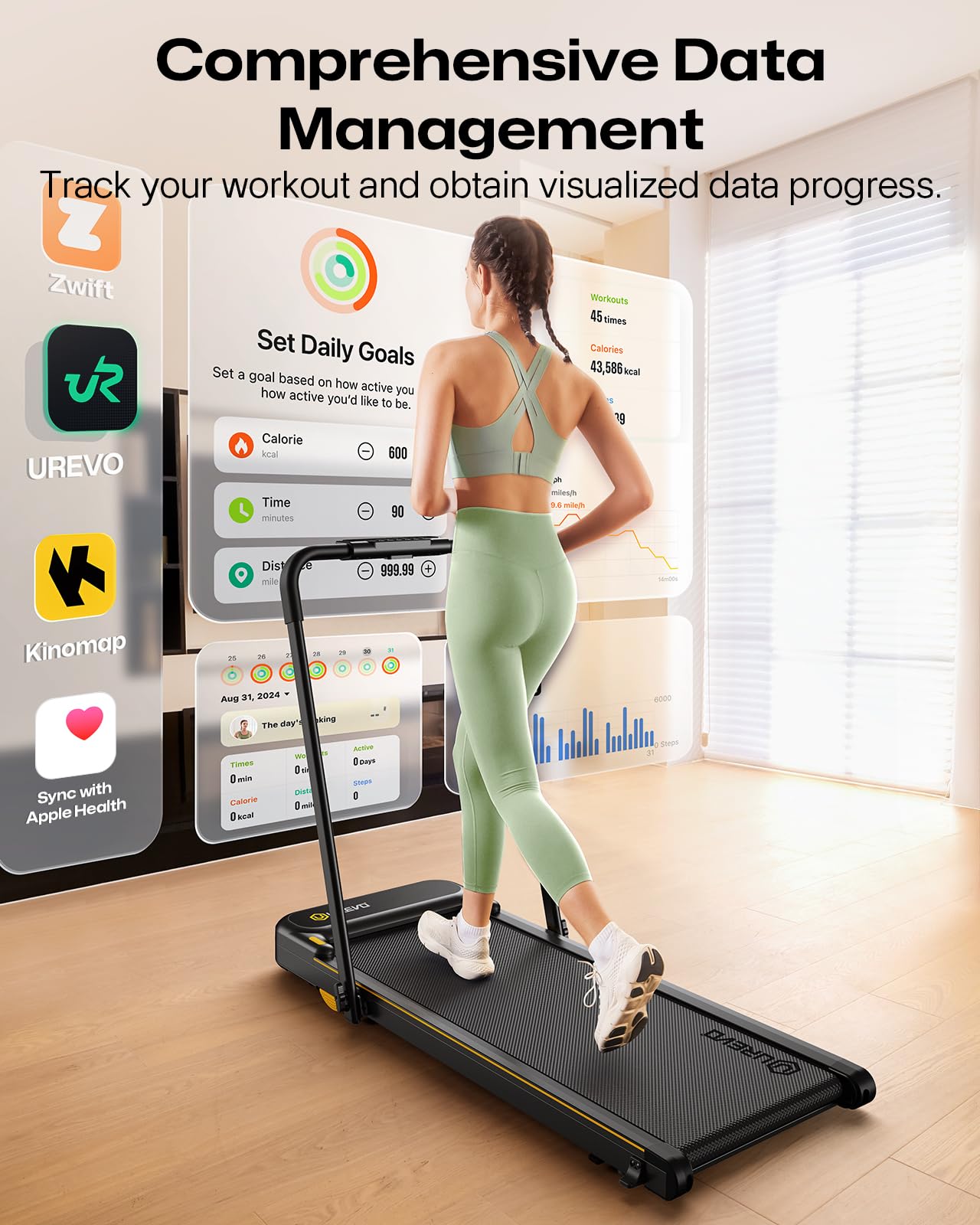 UREVO Smart 2-in-1 Folding Treadmill, Compact Walking Pad with Safety Handle, Plug and Play, Dual LED Display, Workout APP, Walking or Running for Home Office, Remote Included