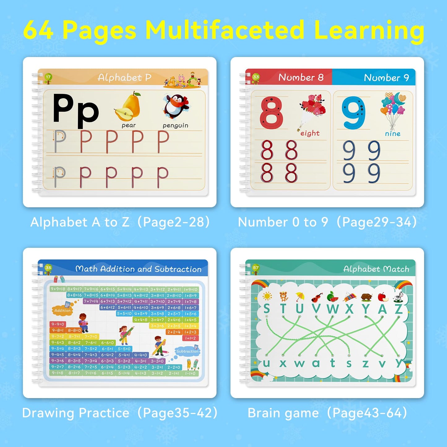 Preschool Learning Activity Educational Workbook 64Pages Toddler Prek Reusable Handwriting Practice Activity Tracing Toys Busy Book for Kids Gift,Autism Learning Material Book 12Markers Rose Purple