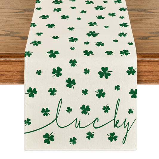 Artoid Mode Beige Lucky Shamrock St. Patrick's Day Table Runner, Seasonal Spring Holiday Kitchen Dining Table Decoration for Indoor Outdoor Home Party Decor 13 x 36 Inch